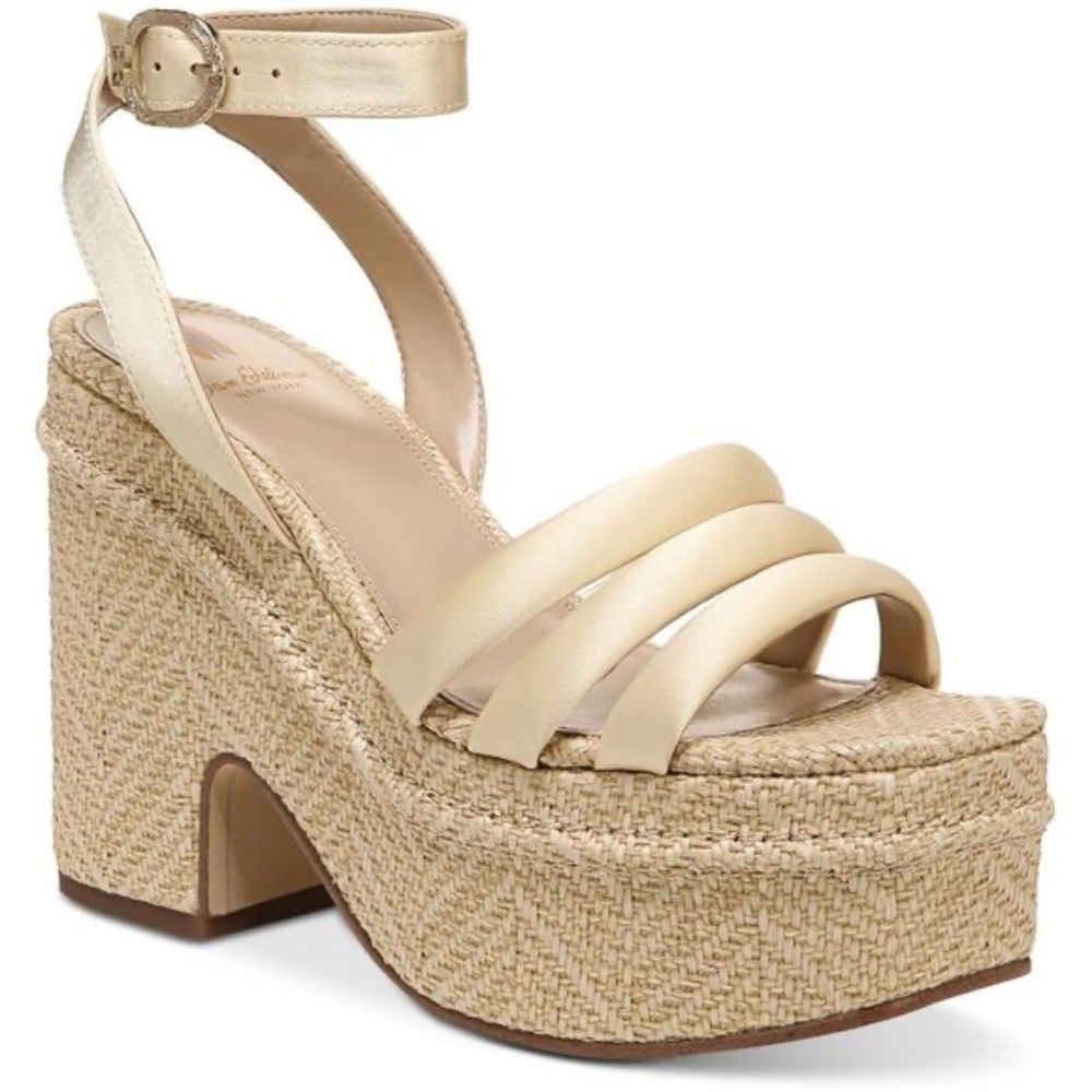 NEW Sam Edelman Tibby Platform Sandal Heel Washed Yellow Gold Satin Jute